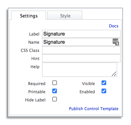 Settings tab for electronic signatures in frevvo