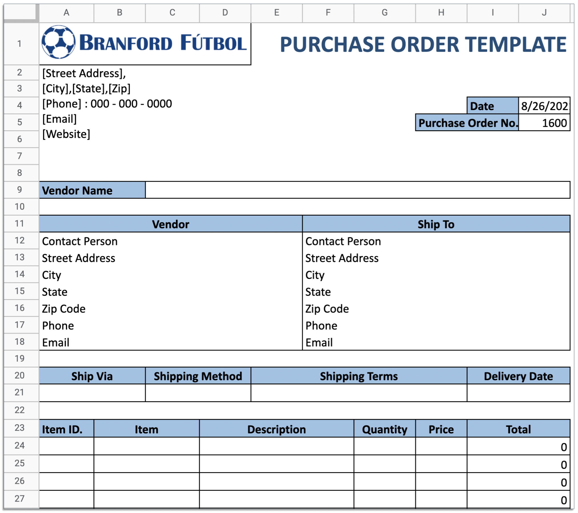 Purchase order in Excel
