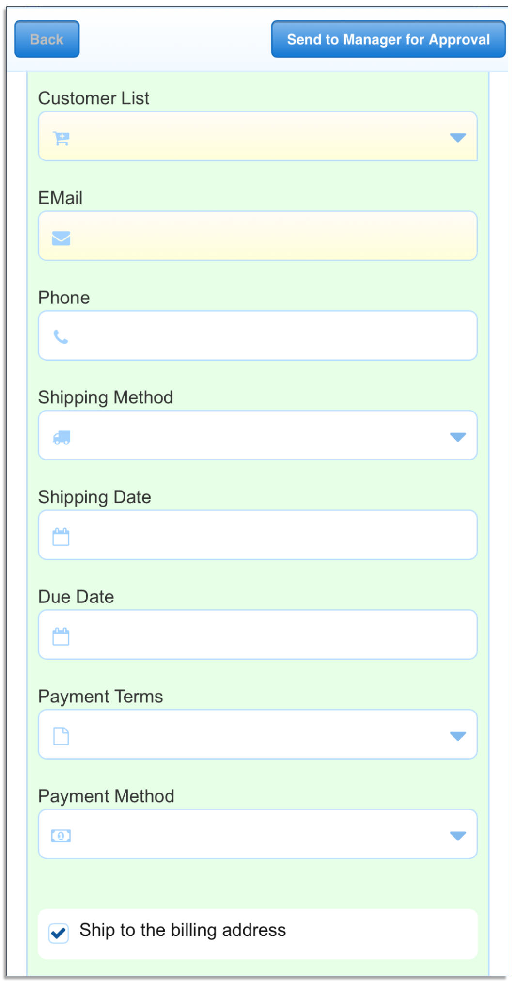 Example of a form with a simple layout on a mobile device